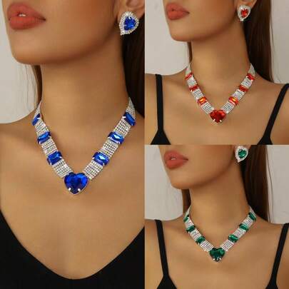 3pcs European And American Exaggerated Full Rhinestone Light Luxury Retro Love Necklace, Niche Item Necklace, Sweet And Cool Necklace Choker Jewelry Women Necklace Summer Earrings For Women Summer Accessories