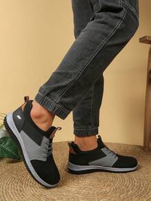 新款春夏男士针织拼接系带休闲鞋，软底防滑透气，百搭日常通勤运动鞋 - 黑色 - 查看 4