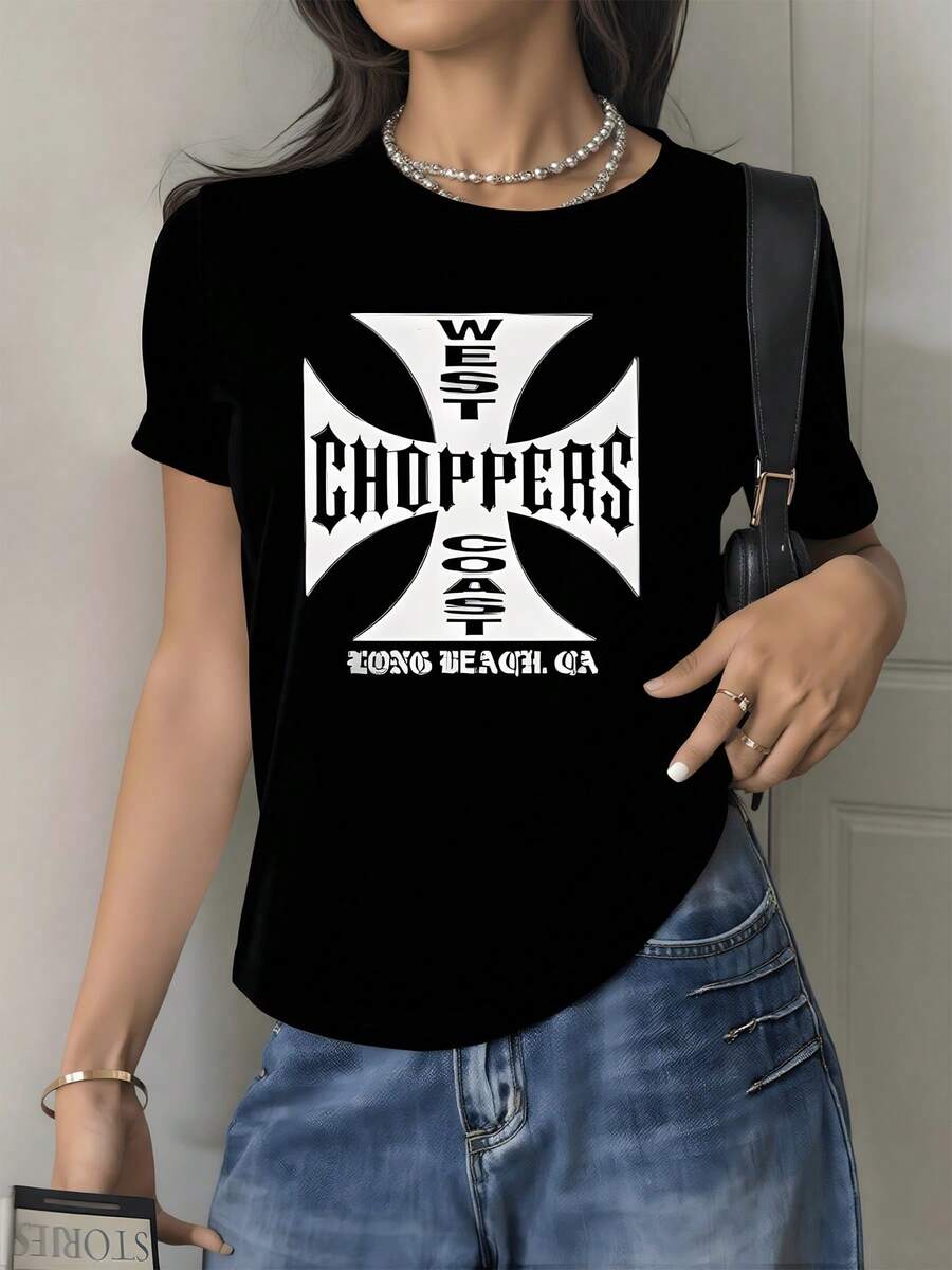 Cruz grande con letras góticas que evocan fuerza libertad y espíritu aventurero representando el poder de la y la pasión por la velocidad camiseta de mujer 220g casual moderna para uso diario - Negro - Ver 1
