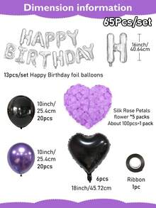 13/60/65件組女性紫色生日裝飾套組－銀色Happy Birthday橫幅＋黑色愛心鋁箔氣球＋霧面黑與金屬紫加厚乳膠氣球，適用生日派對、週年紀念裝飾、午夜驚喜裝飾，派對用品 - 彩色 - 查看 4