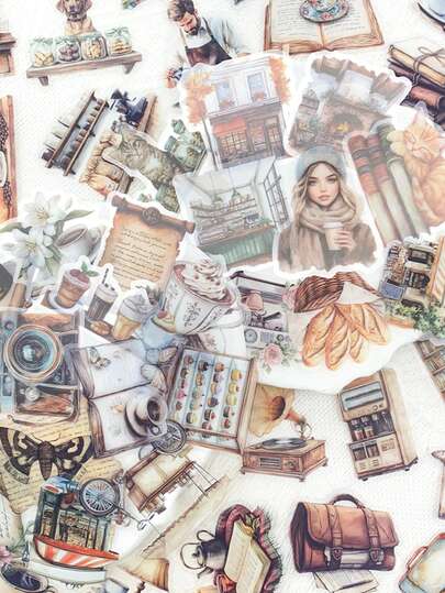50pcs Retro Coffee Transparent PET Stickers Decals For Phone Scrapbook Laptop Refrigerator Skateboard Guitar Aesthetic Decoration Stickers