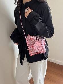 迷你亮片链条单肩包，个性纹理简约斜挎包，优雅手拿包，时尚亮片女士手机包，链条装饰可装手机和零钱，适合购物 - 粉色 - 查看 10