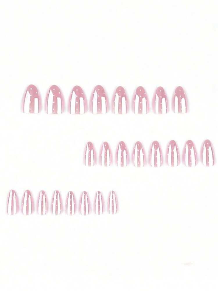 24pcs Short Nails, Pink Color, Glitter Coated, White Polka Dot Almond Shape Nails + 1pc Jelly Gel + 1pc Nail Buffer - Pink - View 3
