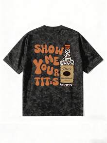 Vintage Washed Leopard Print Tito's Bottle Graphic T-Shirt, Y2K Retro Streetwear Oversized Tee, "Show Me Your Titos" Funny Slogan Top, Soft Casual T-Shirt Suitable For Summer, Festivals And Parties, High Street Style Black - Black - View 4