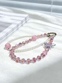 1件粉色蝴蝶珍珠闪亮钻石手机挂件 - 手工串珠手机链，相机防丢链，旅行防丢手机链，包包挂件，钥匙扣，适用于苹果iPods Pro蓝牙耳机盒，节日礼物（女士款） - 彩色 - 查看 3