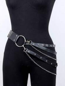 Punk PU Leather Waist Belt With Chains | O-Ring Design Waist Harness For Women - Black - View 3
