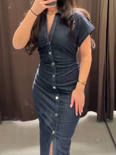Women's Elegant Commuter Midi Denim Dress, V-Neck Short Sleeve Mid-Length Faux Denim Dress, Solid Color Retro Knit Fabric Front Button Closure, Elegant For Office, Daily, Date, Street, Summer Spring