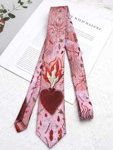 1pc Women's Red Heart & Flame Plant Pattern Silk Handmade Wide Necktie, Suitable For Casual, Street, Daily, Party, School, Date Outfit - Multicolor - View 5