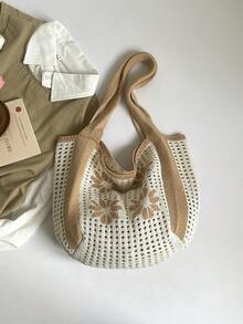 田园雏菊编织单肩手提包，镂空休闲手提包，春夏新品 - 卡其色 - 查看 8
