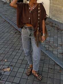 FOR BEAUTY Summer Y2K Women's Brown V-Neck Button Short Sleeve Knit Cardigan, Loose Fit, Casual Fashion Dropped Shoulder Design, Beach Vacation Date Top - Dark Coffee - View 6