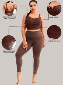 1pc Plus Size Women's Sports Bra, Adjustable Back Support, Front Zipper Closure, Casual Wear Camisole For Spring/Summer - Coffee Brown - View 5