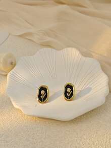 三对随机组合耳环套装，包括白色、黑色不锈钢几何方形耳环、不规则花朵耳环、心形耳钉，复古珠宝，夏季沙滩泳装配饰，时尚吸睛配饰 - 彩色 - 查看 8