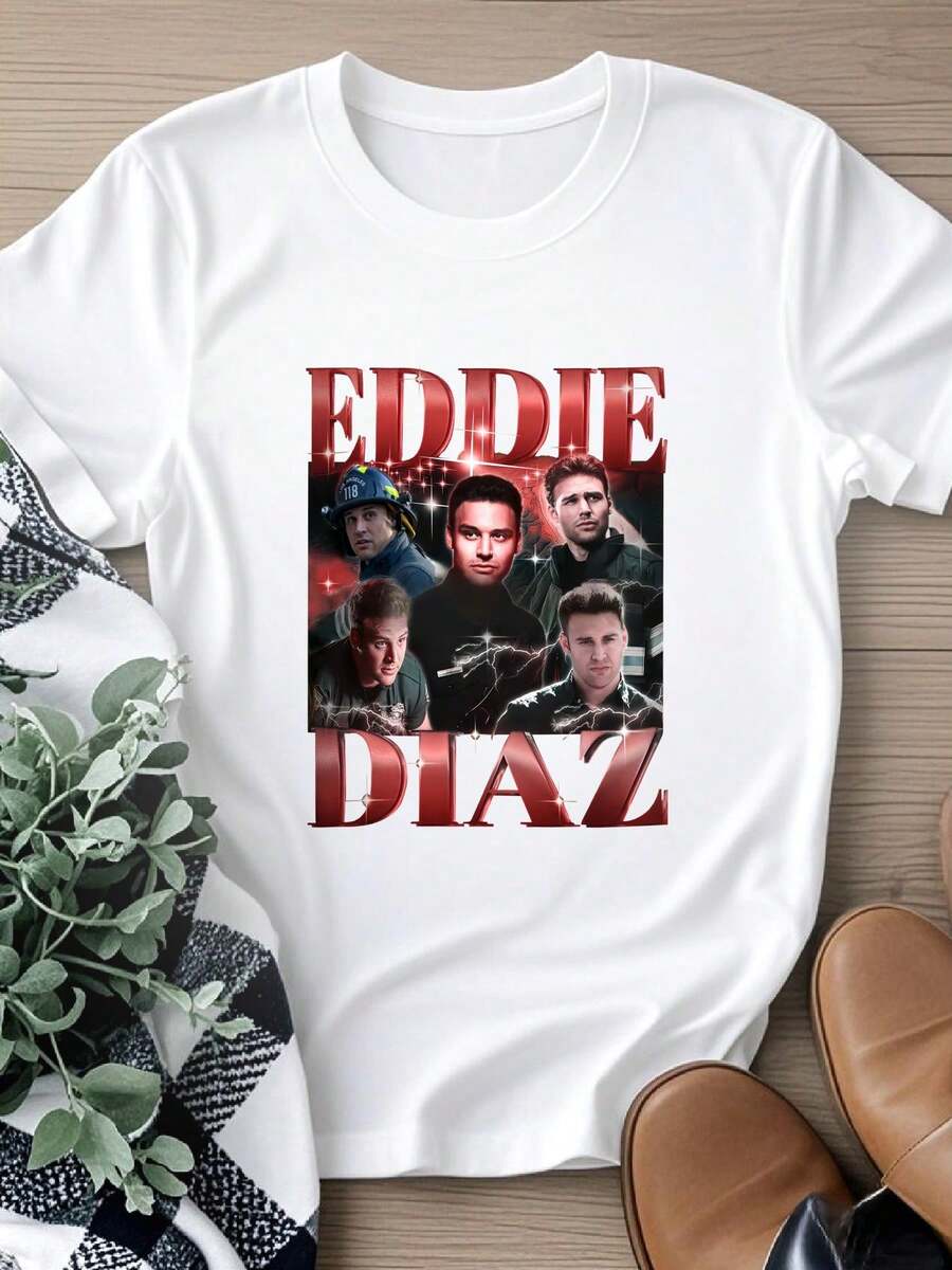 Women T-Shirt Print EDDIE DIAZ Shirt, 9-1-1 Tv Show, Eddie Diaz Fan, 9-1-1 Eddie, Firefighter Shirt - White - View 1