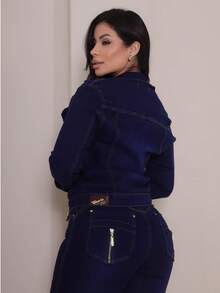 Women's Fashion Denim Jacket In Light And Dark Washes - 深藍色 - 查看 3