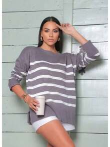 Women's Blouse Sweater Stripes Fashion Knit Winter 2025 Sweaters Striped Cold Basic Moura Knit - Grey - View 1