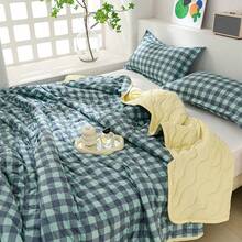 1件亲肤简约格子+花卉绗缝宽边夏季被，柔软细腻，吸湿透气，简约优雅，时尚空调被，轻盈透气夏季被 - 夜曲 - 查看 5