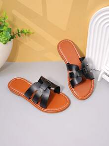 1 Pair Girls' Brown Retro Woven Slide Sandals For Casual Summer Wear - Black - View 2