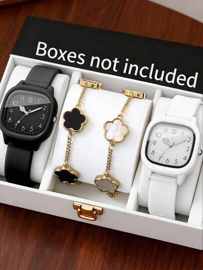 4件套简约休闲女士石英手表，极简经典硅胶石英手表配件套装，包括黑/白双色硅胶表带方形表盘手表+黑白花瓣女士手链。