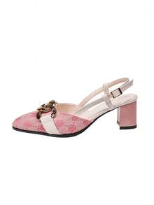 通勤搭扣尖头金属链条高跟凉鞋，新款夏季厚底印花百搭闭趾套脚女鞋 - 粉色 - 查看 8