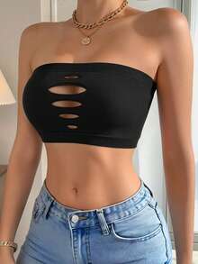 Sujetador bandeau negro con diseño hueco, top bandeau sin tirantes, camiseta sin tirantes para mujer - Negro - Ver 4