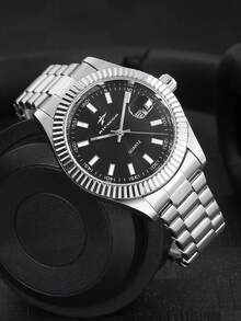 RICECGO Một chiếc đồng hồ công sở nam với viền khía, dây đeo bằng thép không gỉ và hiển thị ngày - Một chiếc đồng hồ thạch anh thời trang dành cho nam giới đi làm hàng ngày. - Bạc - Xem 6