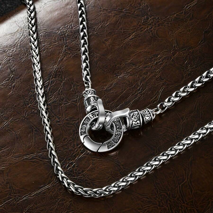 1pc Round Universal Buckle Six-Word Mantra Necklace, Vintage Tang Grass Pattern Versatile Dragon Bone Chain, Hypoallergenic Gift For Teenagers - Antique Silver - View 1