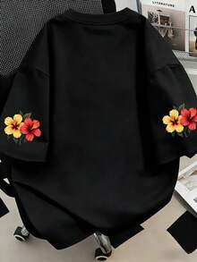 大码女式印花休闲百搭短袖T恤，适合夏季度假、海滩、节日、春季、情人节、狂欢节、母亲节礼物（黑色） - 黑色 - 查看 2