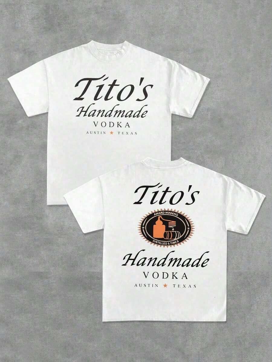 Spirit T Shirts Men, Tito's Handmade Vodka Brand Inspired Double-Sided, Front And Back With Typography And Logo, 220g 100% Cotton Crew Neck Short Sleeve, Black, Big And Tall, For Men - White - View 1