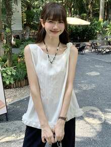 Áo tank top không tay dáng rộng, viền bèo nhún dành cho nữ, hàng mới về. - trắng - Xem 2
