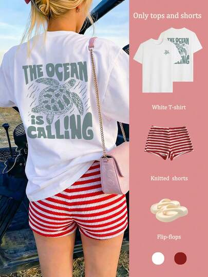 Women's "The Ocean Calls" Sea Turtle Graphic T-Shirt And Striped Knit Shorts Set, Soft And Lightweight Casual 2-Piece Outfit, Retro Beach Style, Loose Round Neck Tee And High-Waisted Striped Shorts, Ideal For Beach Days, Vacations, Coastal Walks, Brunch And Casual Summer Wear