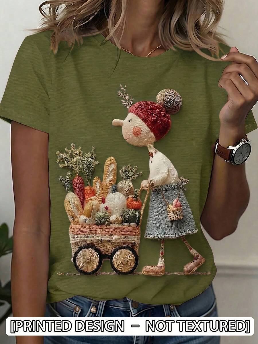 Women's Casual Round Neck Short Sleeve Printed T-Shirt, Countryside Style, Suitable For All Seasons Summer - Army Green - View 1