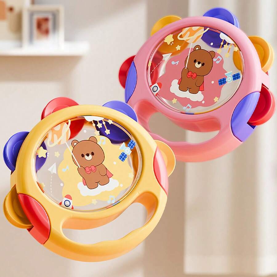 1pc Cartoon Hand Drum, Baby Toy, Children's Clapping Rattle, Music Education, Kindergarten Party Gift Percussion Instrument, Pink And Yellow - Multicolor - View 1