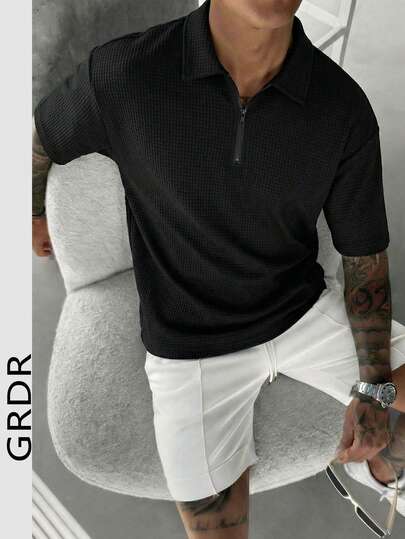 GRDR 1pc Minimalist Solid Color Short Sleeve Zipper Polo Shirt, Casual Men Top
