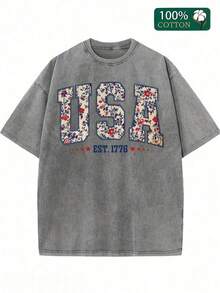 Women's Washed T-Shirts, USA Printed Soft And Breathable, Simple And Versatile, Independence Day, Fireworks To Celebrate God Bless America, I Love This Land, And The National Flag Can Be Used As A Gift - 灰色 - 查看 1