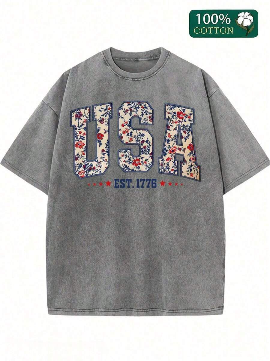 Women's Washed T-Shirts, USA Printed Soft And Breathable, Simple And Versatile, Independence Day, Fireworks To Celebrate God Bless America, I Love This Land, And The National Flag Can Be Used As A Gift - 灰色 - 查看 1