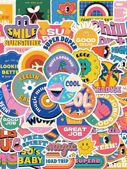 50张卡通涂鸦创意贴纸，色彩鲜艳，趣味十足，适用于手机、吉他、滑板、行李箱、剪贴簿等，PVC材质。