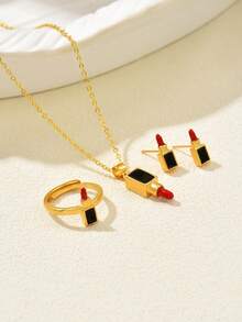 3pcs Luxury Design Oil Drop Lipstick, Earrings, Ring, Necklace Jewelry Set, Versatile For Party And Banquet, Charming Faux Gold Accessories - Multicolor - View 2