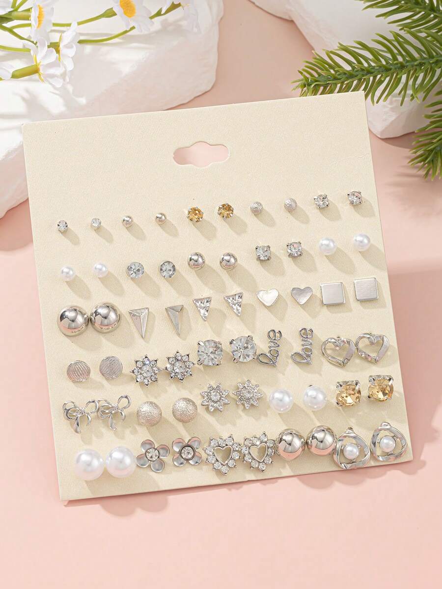 30 Pairs/Set Casual Flower, Heart, Square Faux Pearl Metal Rhinestone Stud Earrings Set, Daily Wear Jewelry Gift - Silver - View 1