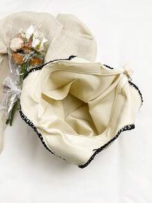  Boho Hollow Out Woven Straw Tote Bag With Contrast Trim, Large Capacity Beach Bag For Vacation & Daily Use - White - View 9