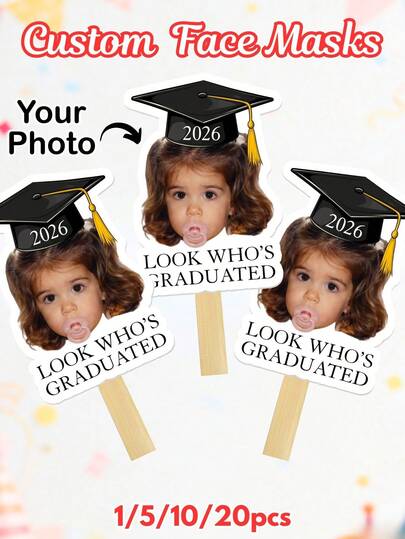Customizable Hand-Held Sign Face Mask, Personalized With Individual Photos And 2026 Graduation Cap Design, Cute And Fun Style, Suitable For Graduation And Back To School Seasons, High-Quality Graduation Party, Classroom Decor, Family Gathering And Graduation Gift Photo Props