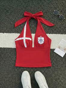 Women's Casual England Emblem Print Deep V-Neck Pleated Front Backless Cropped Camisole Top, Suitable For Summer & Spring, Blokette Blokecore Style, Breathable & Cool, Summer & Spring Clothing, Summer & Spring Tops, Summer & Spring Apparel, Outgoing Tops, Sports Fashion, Essential For Football Matches, Match Day Outfit, Football Festival, Football Viewing Party, Women's Football Match Outfit, Summer Tops, Outgoing Women's Tops - Red - View 8