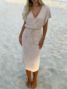 Starfish Sparkle 春夏新款休闲度假系列：优雅简约女士镂空抽绳V领针织连衣裙 - 卡其色 - 查看 5