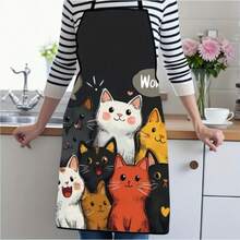 1pc Cute Cat Print Apron - Adjustable Neck Strap, Suitable For Kitchen And Dining, Black With Colorful Cat Pattern, Kitchen Apron | Interesting Design | Adjustable Apron - Multicolor - View 2