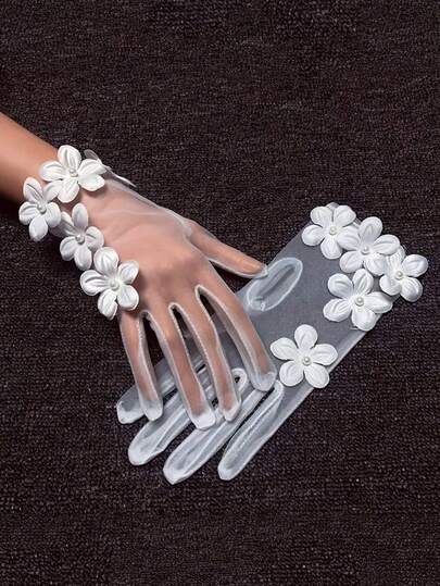 White Floral Lace Gloves, Korean Style Bridal Veil Gloves, Minimalist Short Dress Gloves For Photography