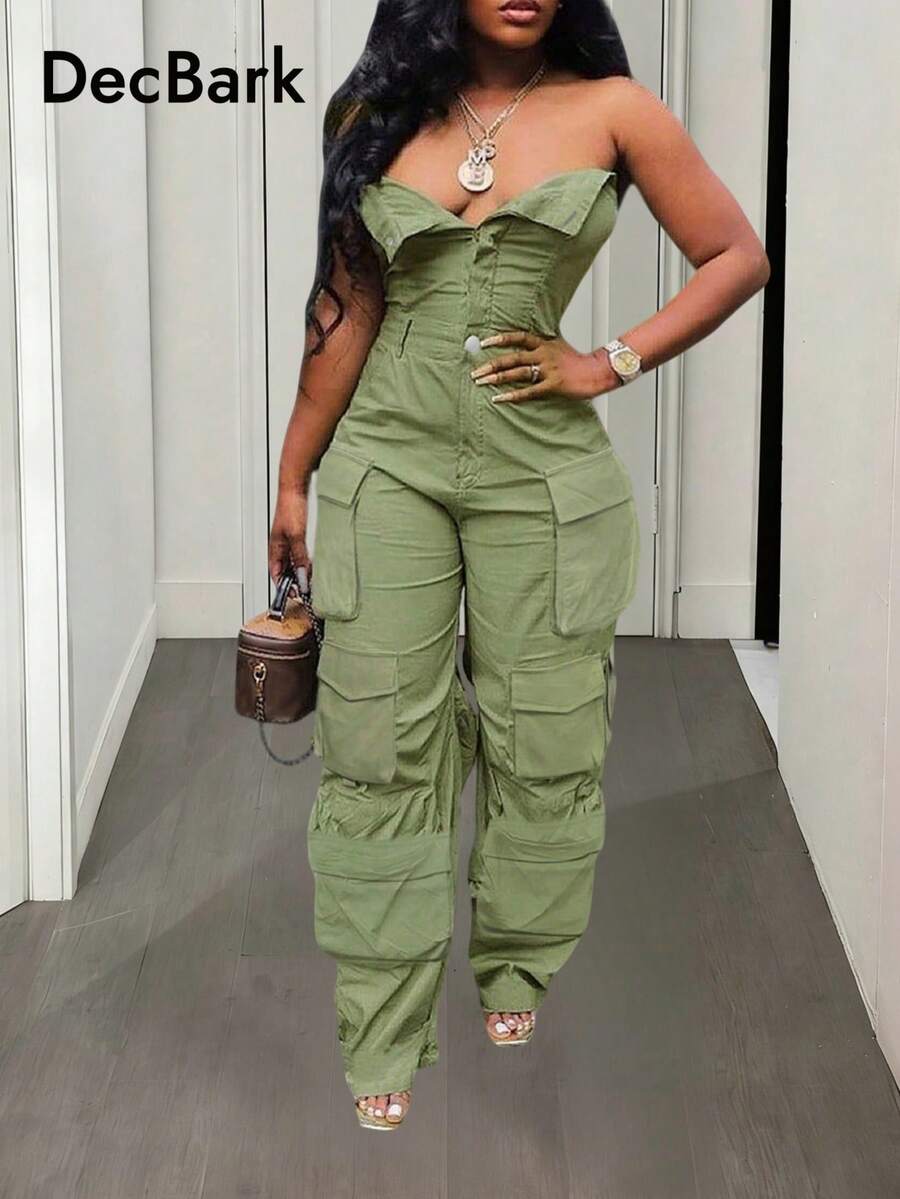 女式纯色纽扣前开襟连体裤休闲连身裤 - 軍綠色 - 查看 1