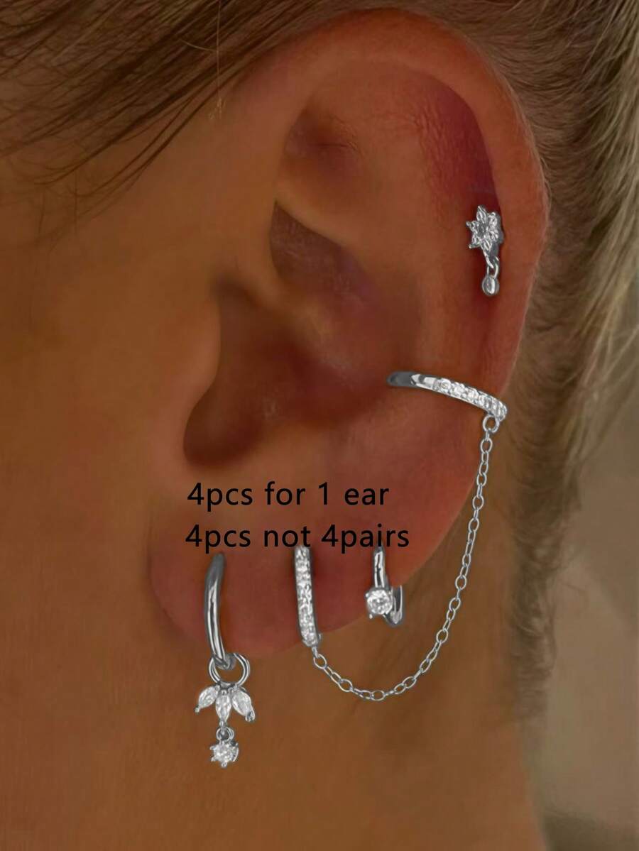 3件套精致立方氧化锆耳环，夹式耳环，适合日常佩戴、派对和各种活动 - 銀色 - 查看 1