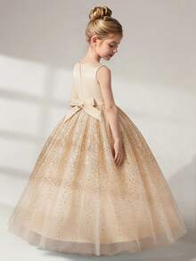 Abito da principessa lungo da festa per ragazze giovani con scollo rotondo, paillettes sfumate e rete, adatto per ballo scolastico, fascia per capelli non inclusa - Champagne - Visualizzare 7