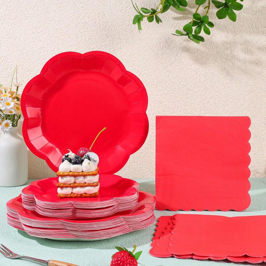 Bộ đồ dùng tiệc dùng một lần cỡ lớn màu đỏ họa tiết hoa, đĩa giấy dùng một lần 7/9 inch, khăn ăn, thích hợp cho các buổi họp mặt gia đình, tiệc tiết lộ giới tính, lễ kỷ niệm, sinh nhật, đám cưới, tiệc độc thân, dã ngoại. - Nhiều màu - Xem 1