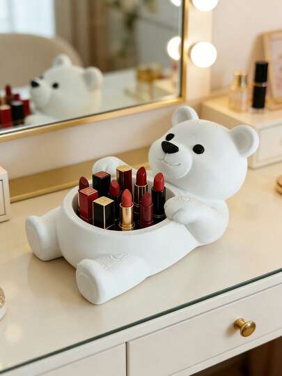 1pc Healing Reclining Bear Shaped Storage Bucket, Tilted Makeup Brush & Lipstick Organizer, Vanity Organizer