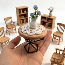 Dollhouse Mini Round Tea Table Set, European Style Green Plant Vase, Miniature Living Room Indoor Scene Decor Props Model, Retro Metal Telephone, Lamp, DIY Model House Accessories - Miniature - View 3